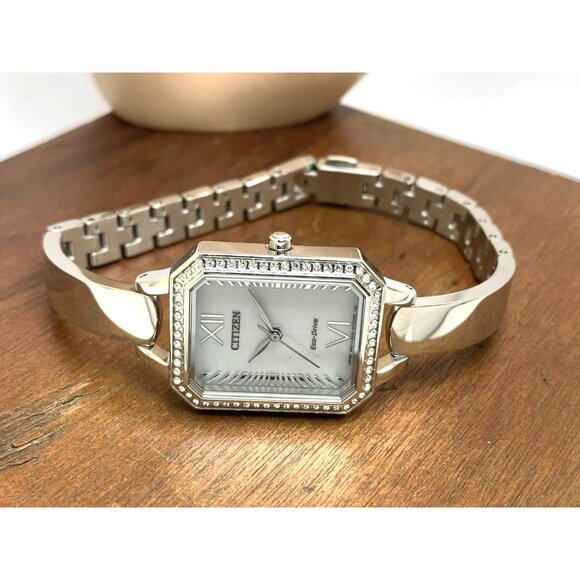 Citizen Women's Watch EM0980-50A Eco-Drive Crystal Accent Silver Dial Rectangle - Picture 8 of 14